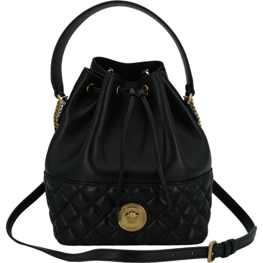 Elegant Black Leather Medusa Bucket Shoulder Bag