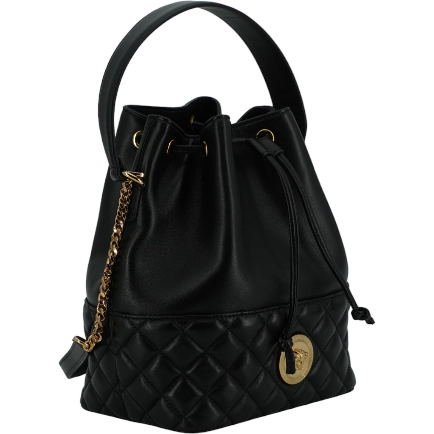 Elegant Black Leather Medusa Bucket Shoulder Bag