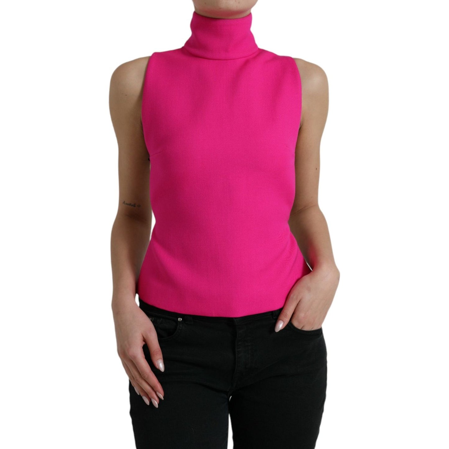 Elegant Pink Turtleneck Sleeveless Wool Top