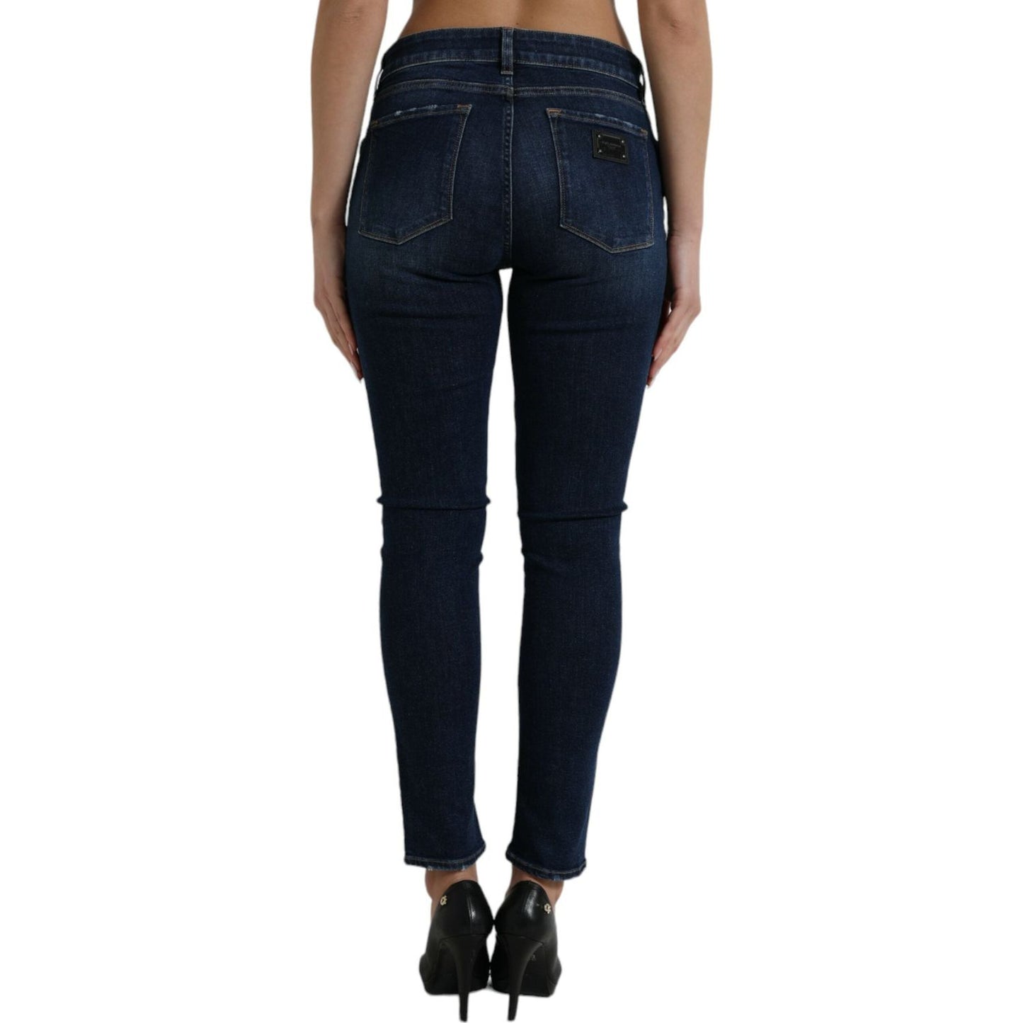 Elegant Dark Blue Mid Waist Stretch Jeans