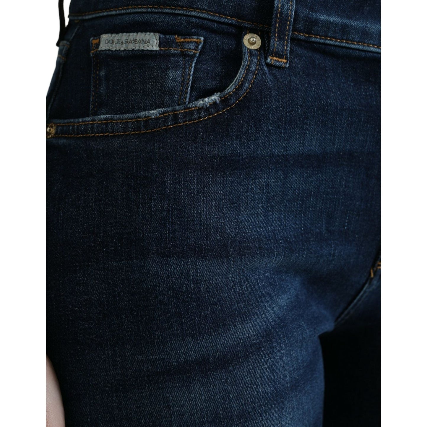 Elegant Dark Blue Mid Waist Stretch Jeans