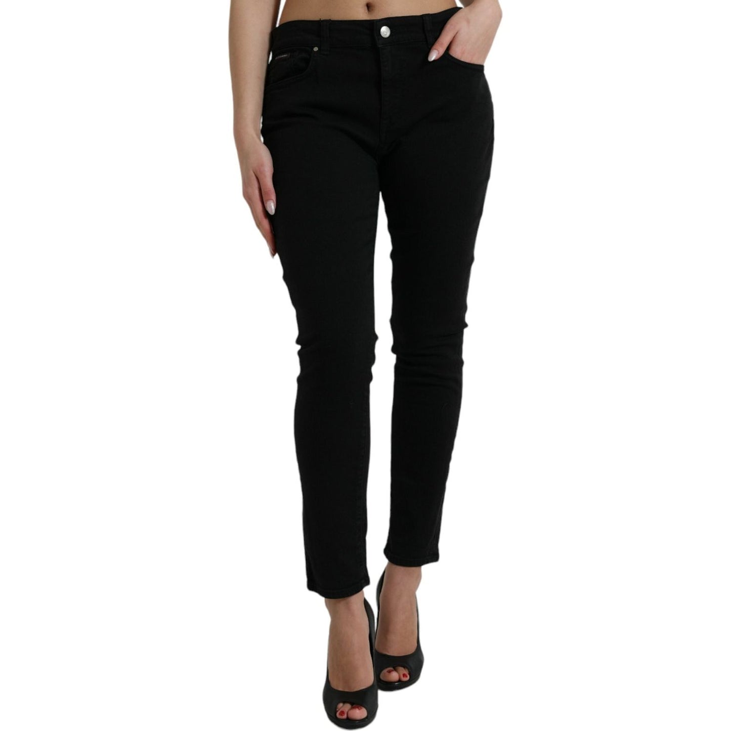 Elegant Black Mid Waist Stretch Jeans