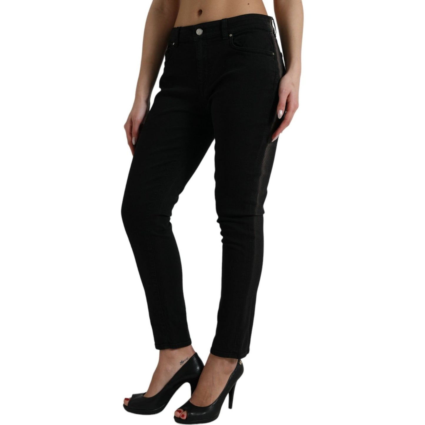 Elegant Black Mid Waist Stretch Jeans