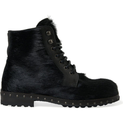 Dolce & Gabbana Black Pony Style Leather Mid Calf Boots Shoes