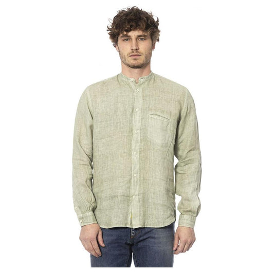 Elegant Green Linen Shirt with Mandarin Collar