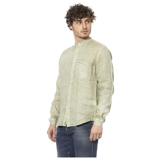 Elegant Green Linen Shirt with Mandarin Collar