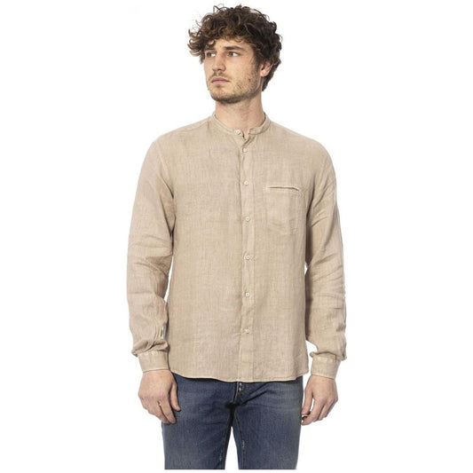 Elegant Beige Mandarin Collar Linen Shirt