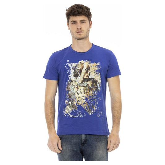 Sleek Blue Cotton Tee with Unique Front Print