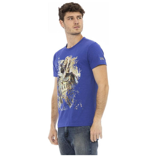 Sleek Blue Cotton Tee with Unique Front Print