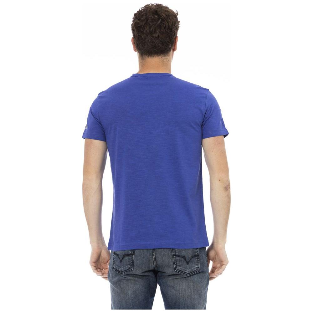 Sleek Blue Cotton Tee with Unique Front Print