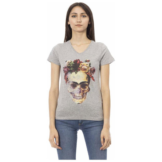 Trussardi Action Elegant Gray V-Neck Tee with Front Print Trussardi Action