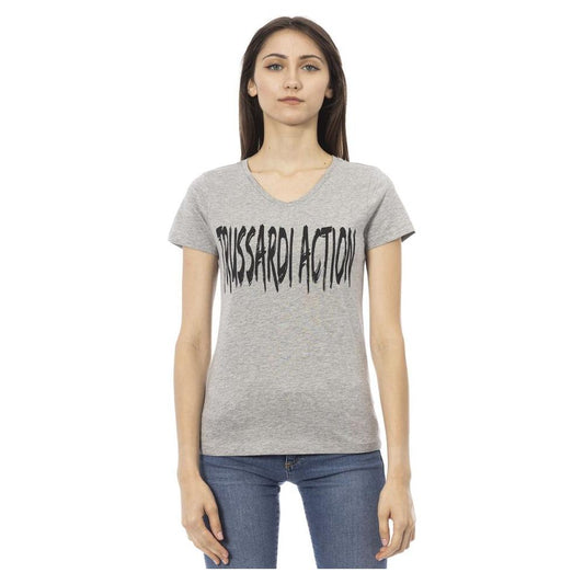 Trussardi Action Elegant Gray V-Neck Tee with Chic Print Trussardi Action