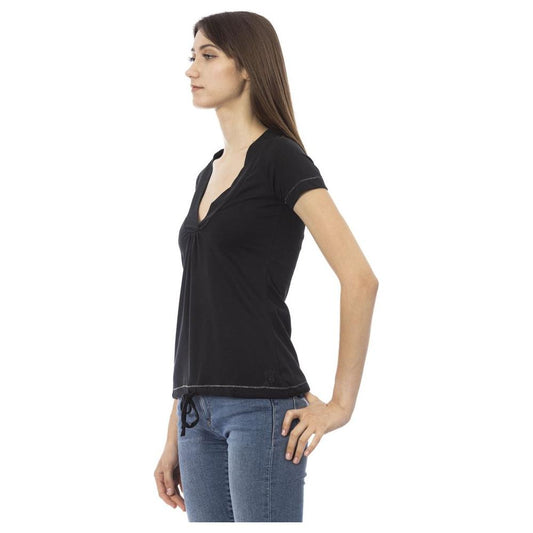 Chic Black Cotton Tee with Unique Front Print