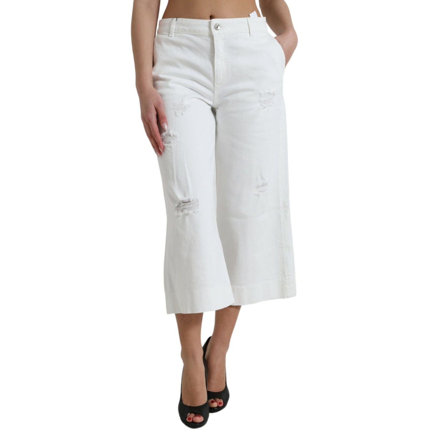 Elegant White Mid-Waist Denim Cropped Jeans