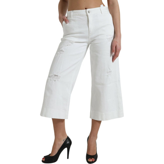 Elegant White Mid-Waist Denim Cropped Jeans