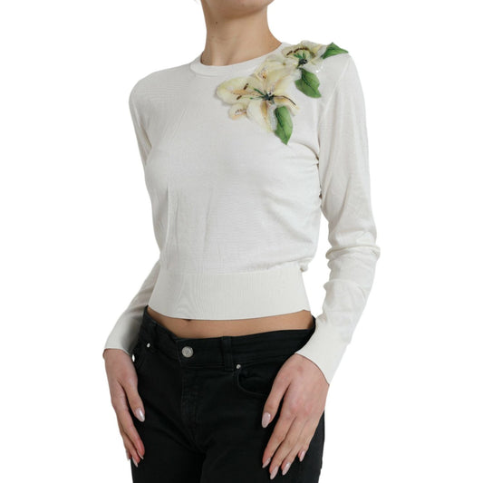 Silk Floral Applique Pullover Sweater