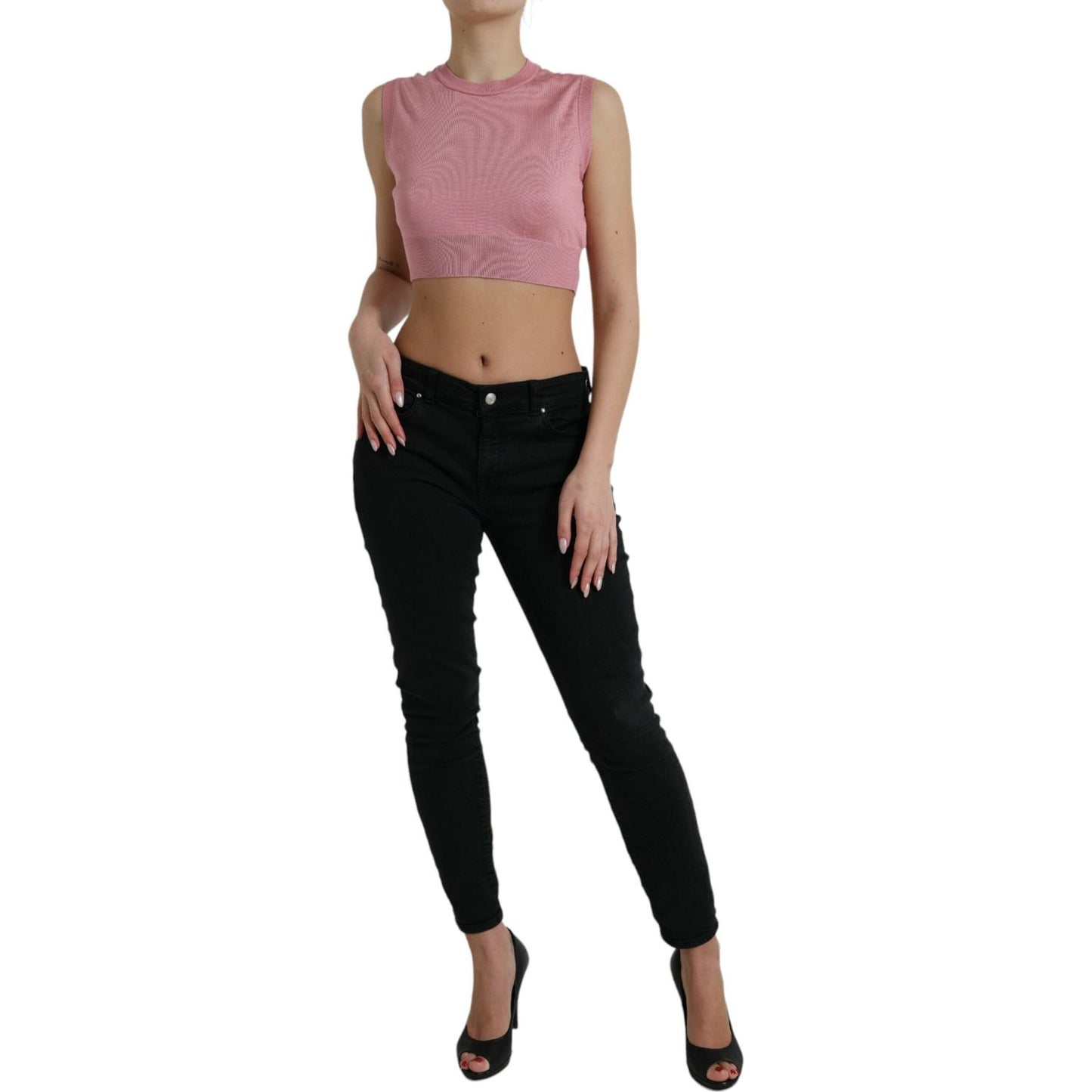 Elegant Silk Crew Neck Cropped Tank Top