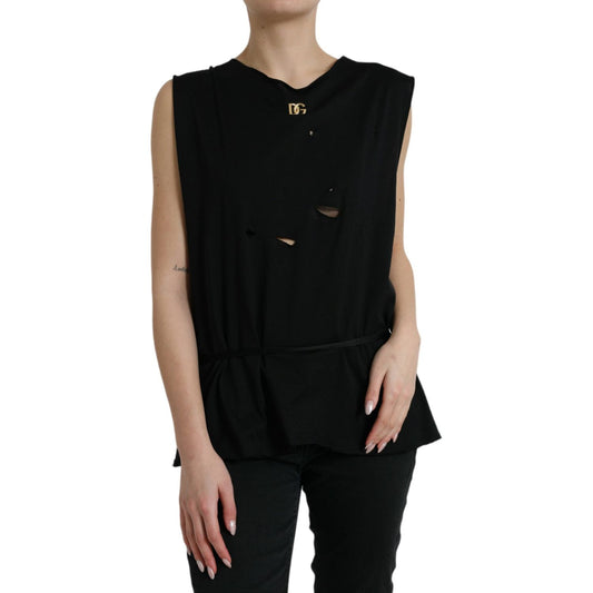 Dolce & Gabbana Black Cotton Lace Up Logo Round Neck Tank Top Dolce & Gabbana