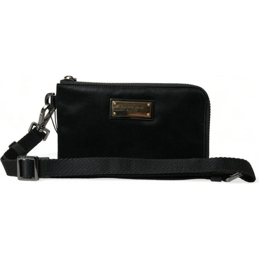 Elegant Black Nylon Leather Pouch with Silver Details