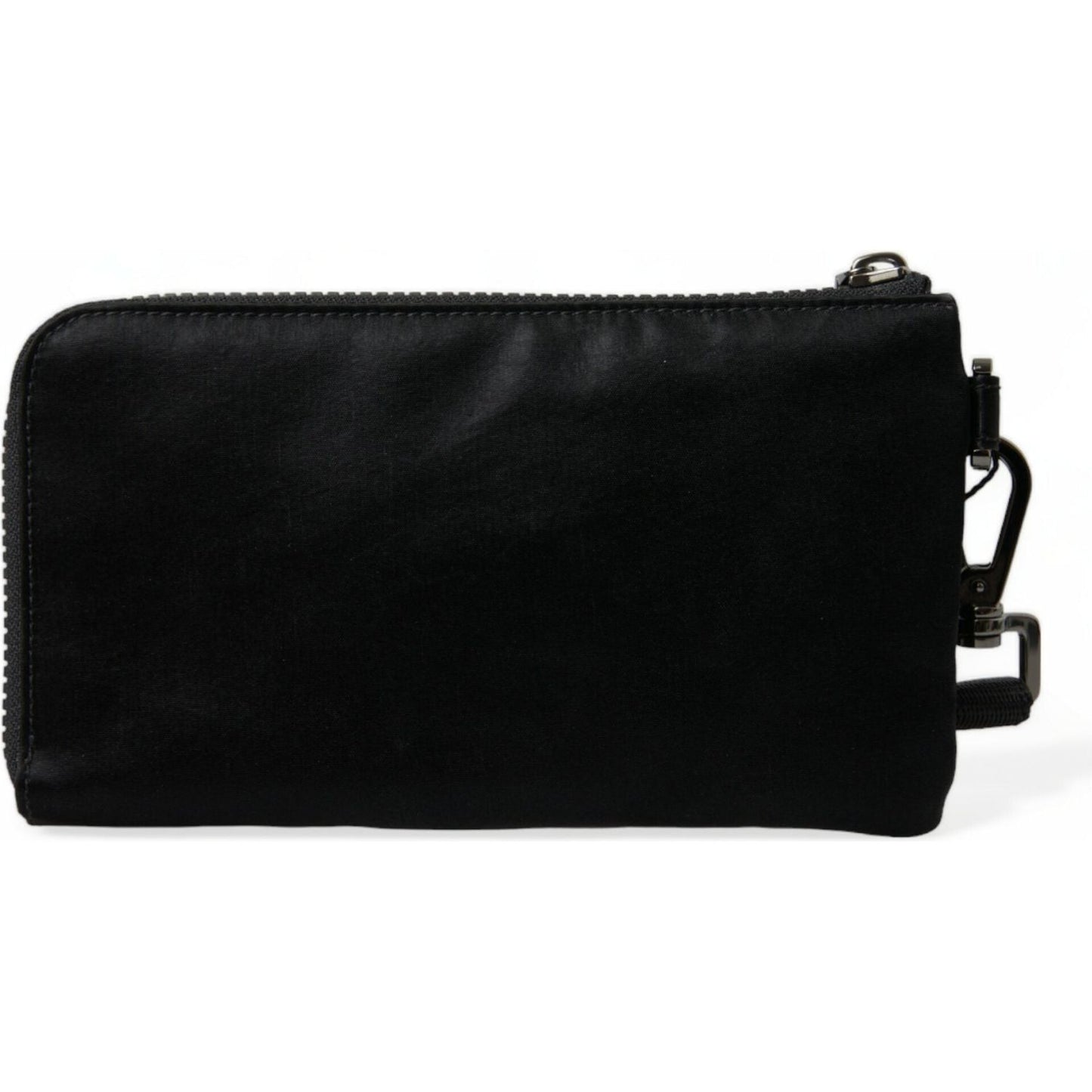 Elegant Black Nylon Leather Pouch with Silver Details