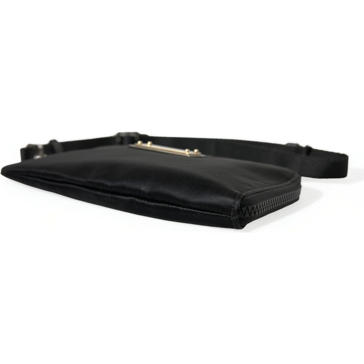 Elegant Black Nylon Leather Pouch with Silver Details