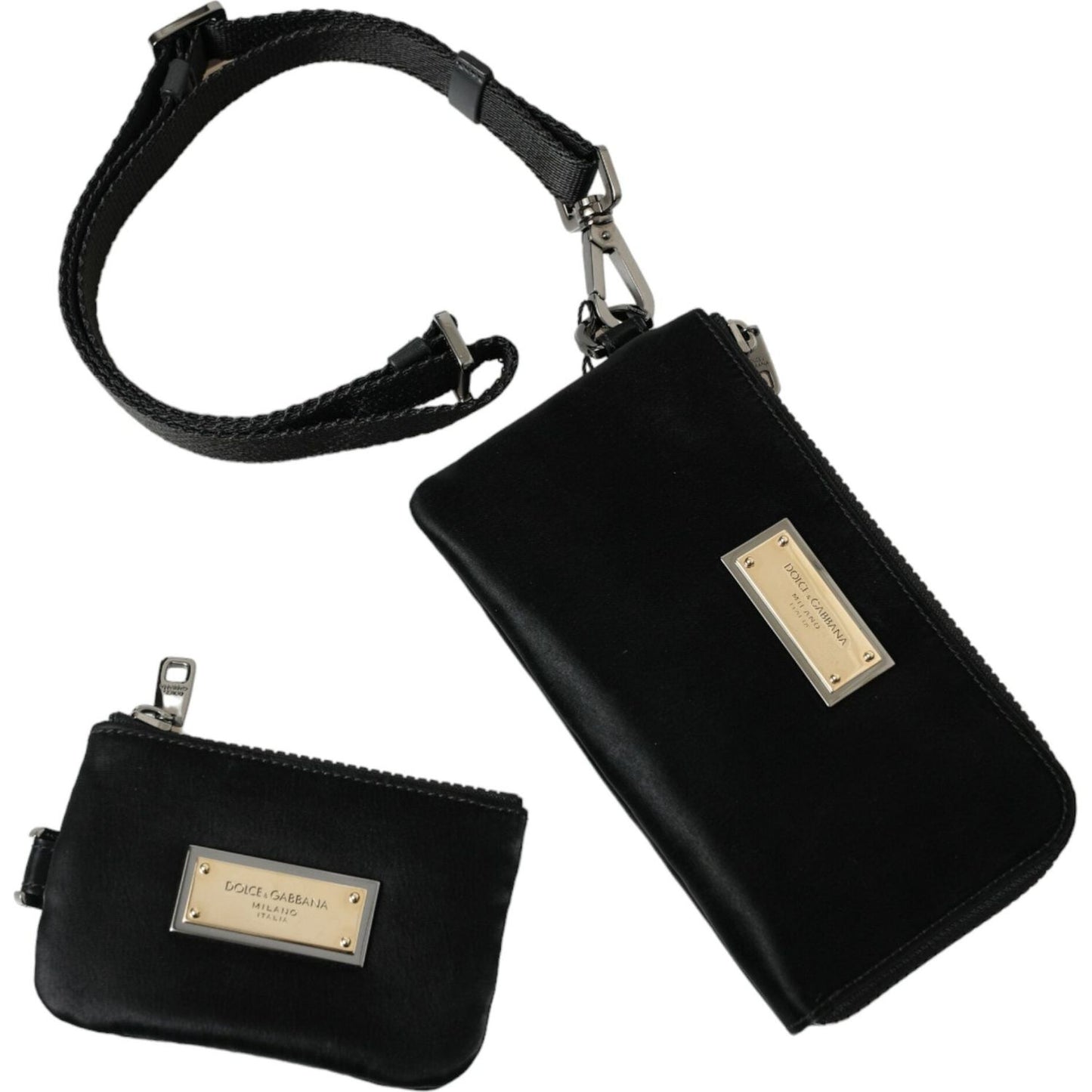 Elegant Black Nylon Leather Pouch with Silver Details