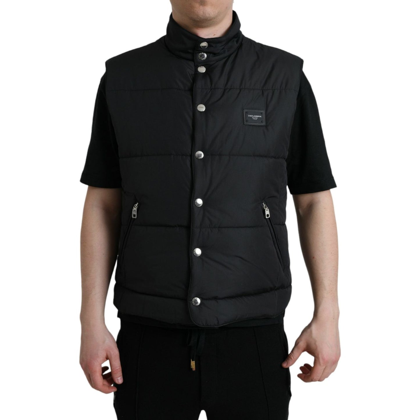 Sleek Black High-Neck Vest Jacket