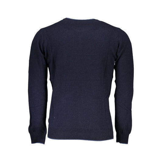 Sleek Blue Crew Neck Sweater with Embroidery