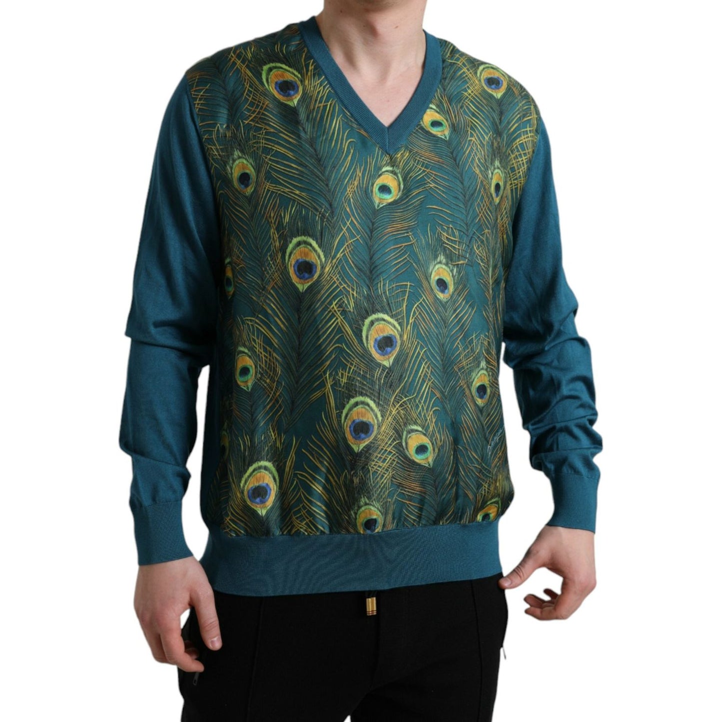 Silk V-Neck Peacock Feather Sweater