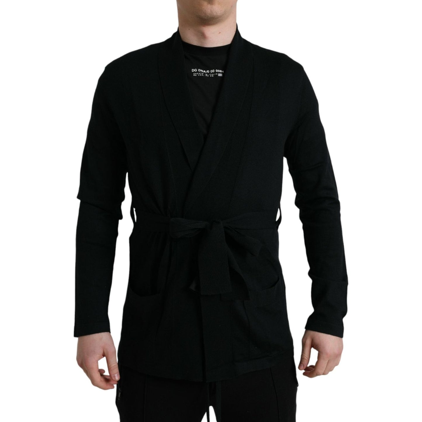 Elegant Black Cashmere Robe with Waist Belt