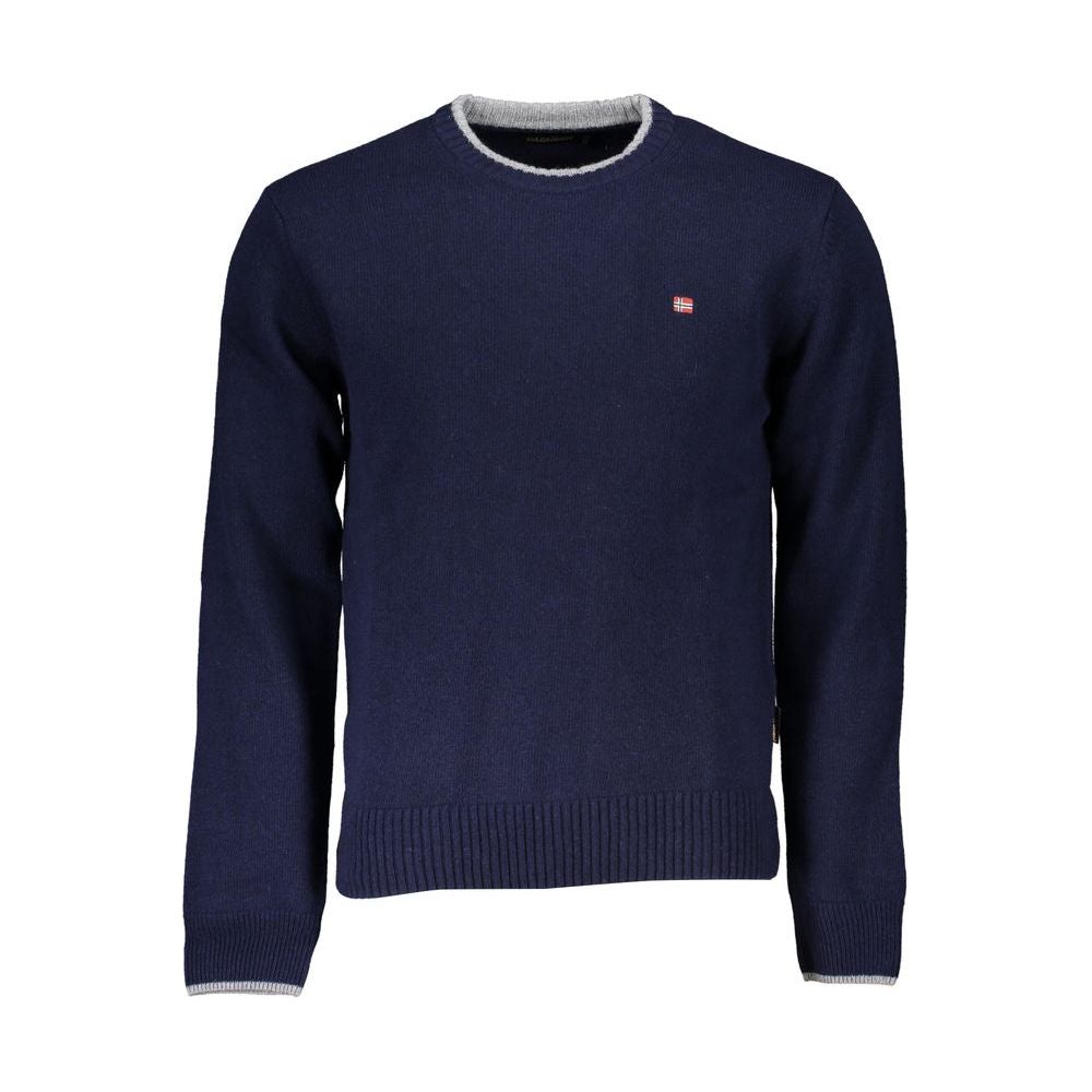 Sleek Blue Crew Neck Embroidered Sweater