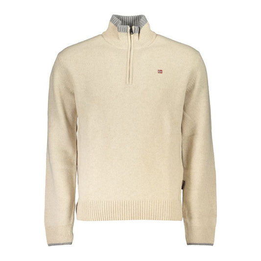 Chic Beige Half-Zip Sweater with Contrast Embroidery