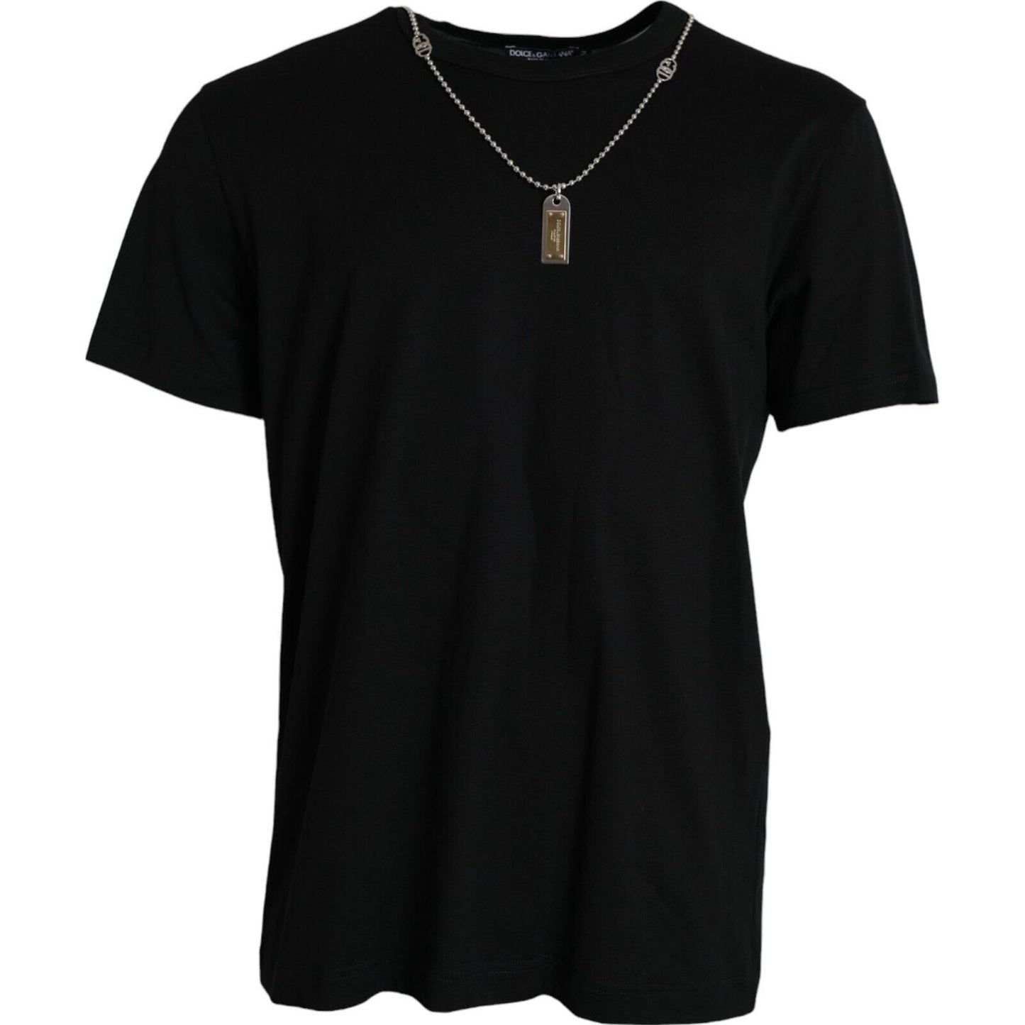 Elegant Black Cotton Crewneck Tee with Dog Tag Detail