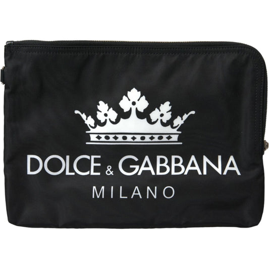 Elegant Black Nylon Clutch with Crown Print