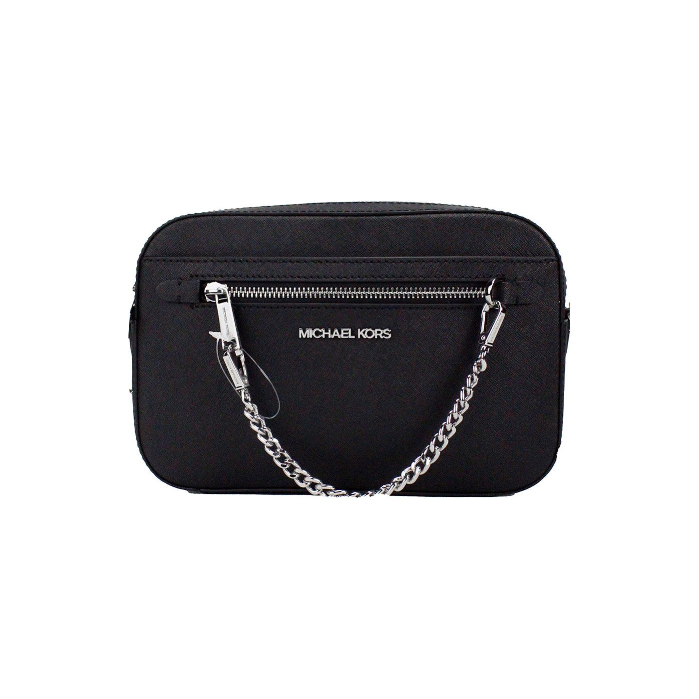 Jet Set East West Large Black Leather Zip Chain Crossbody Bag