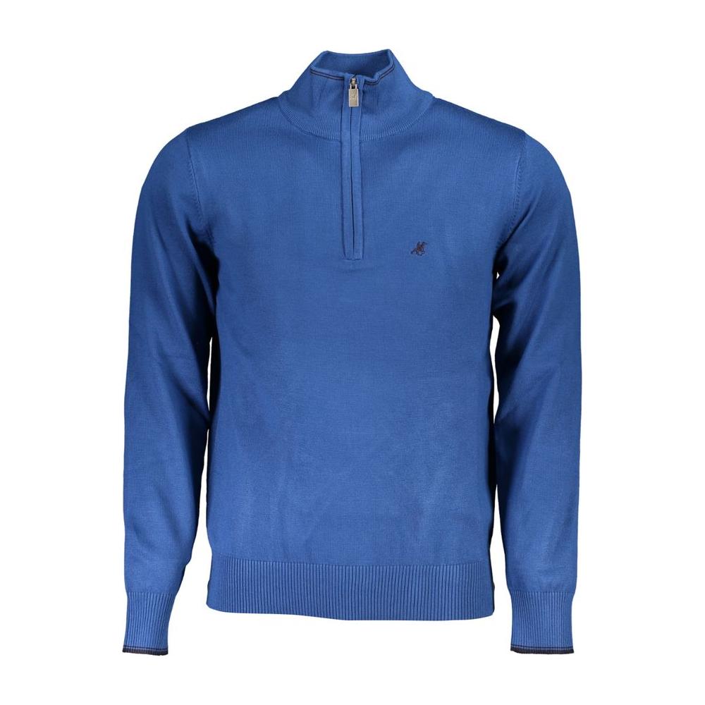 Elegant Half-Zip Blue Sweater with Embroidery Detail