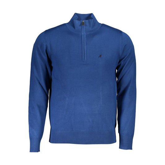 Elegant Half-Zip Embroidered Blue Sweater