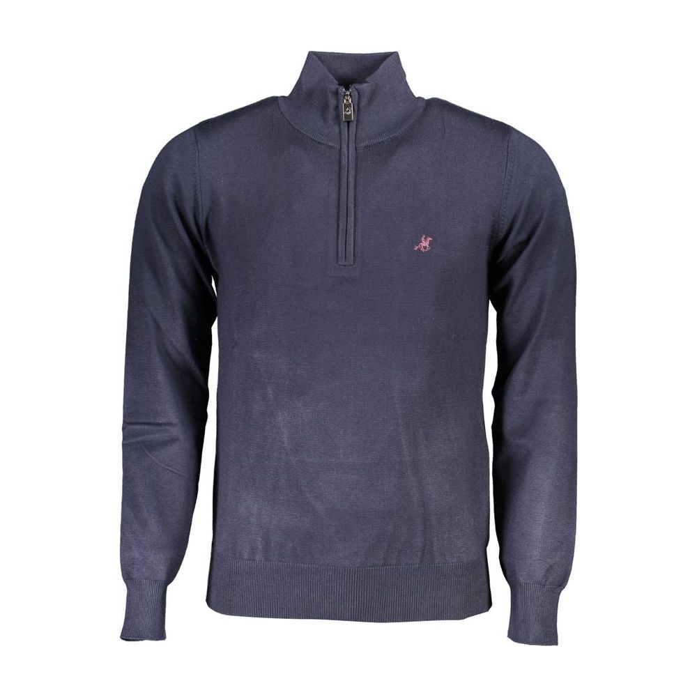 Elegant Half-Zip Blue Sweater with Embroidered Logo