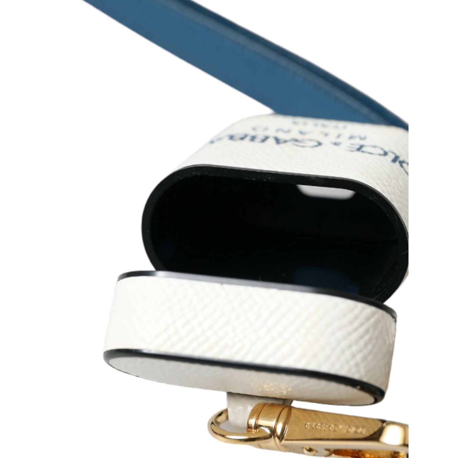 Dolce & Gabbana White Blue Calf Leather Logo Print Strap Airpods Case