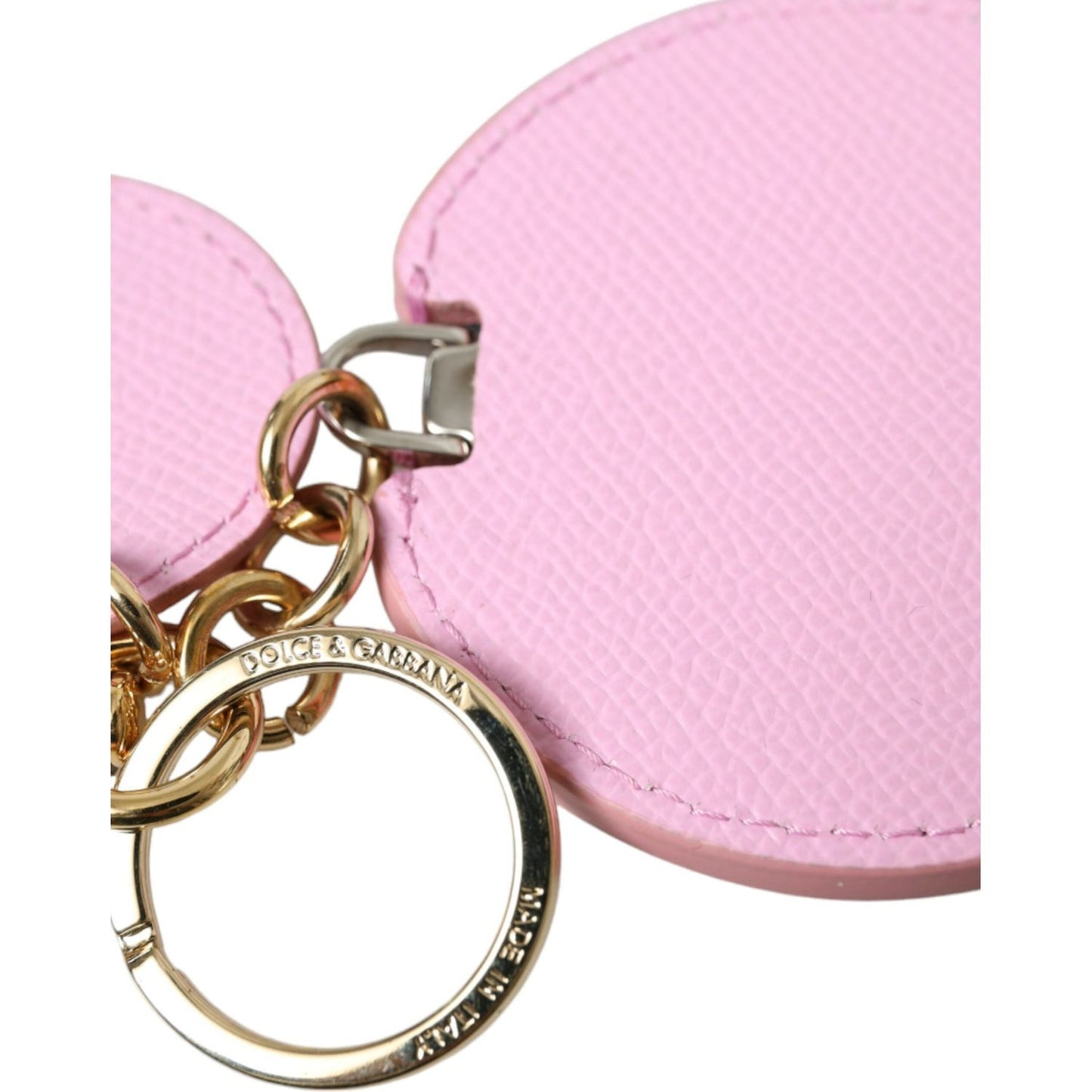 Dolce & Gabbana Pink Calf Leather Gold Metal Logo Print Keyring Keychain