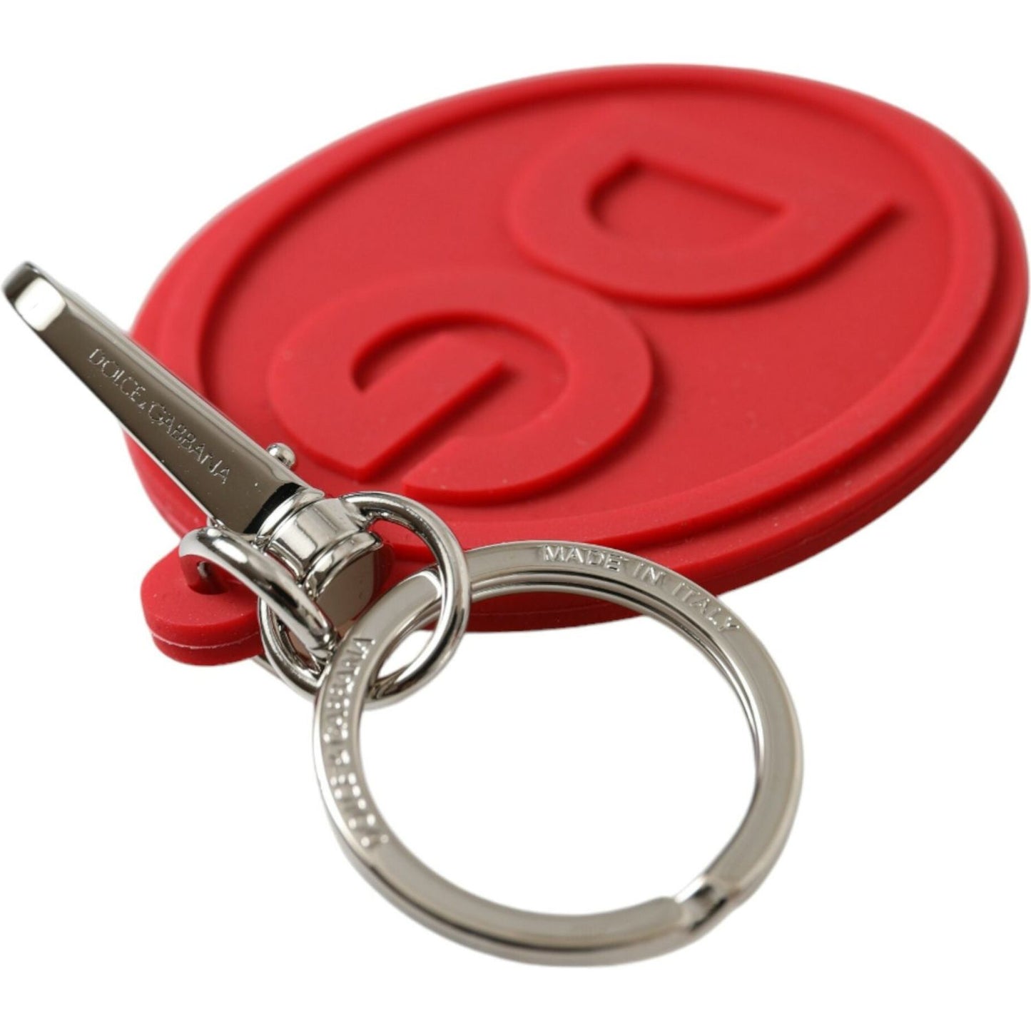 Dolce & Gabbana Red Rubber DG Logo Silver Brass Metal Keyring Keychain