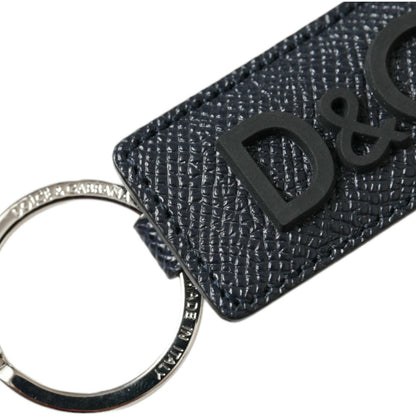 Dolce & Gabbana Black Calf Leather DG Logo Silver Brass Keyring Keychain