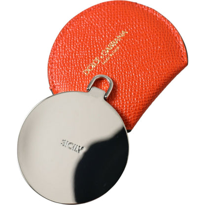 Dolce & Gabbana Orange Calfskin Leather Round Logo Hand Mirror Holder