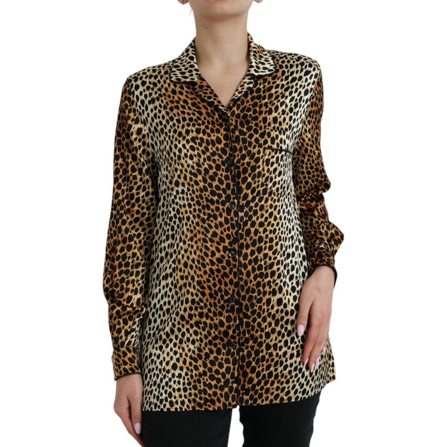 Elegant Brown Animal Print Silk Blouse