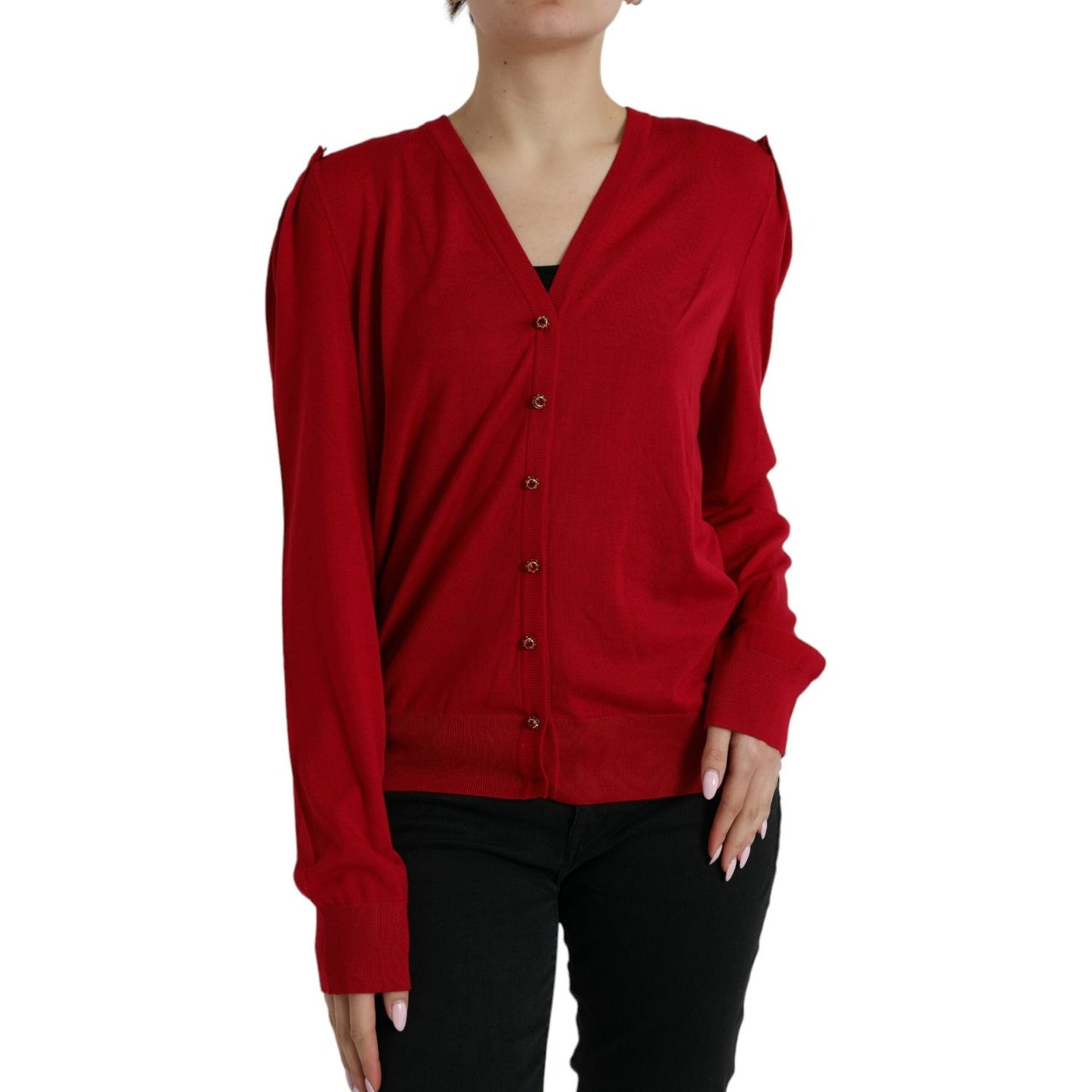 Elegant Red V-Neck Wool Cardigan