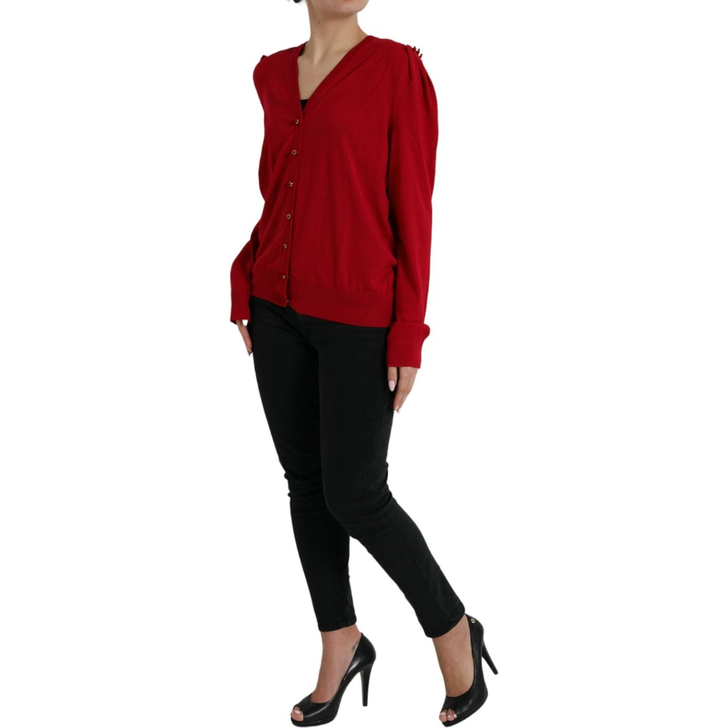 Elegant Red V-Neck Wool Cardigan