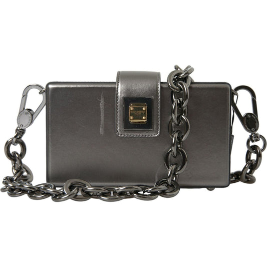 Metallic Gray Calfskin Shoulder Bag with Chain Strap