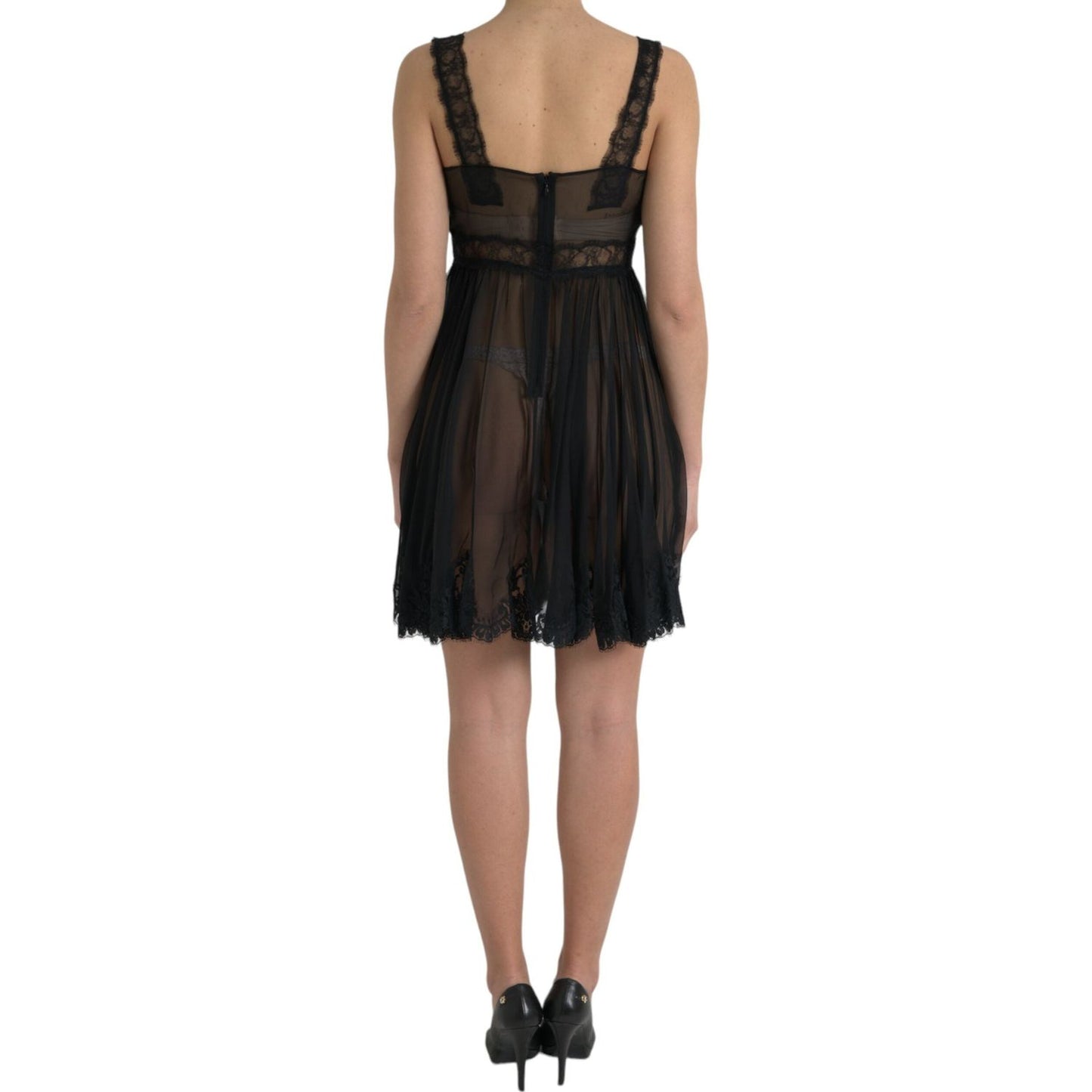 Dolce & Gabbana Black Silk Pleated Lace Chiffon Mini Dress
