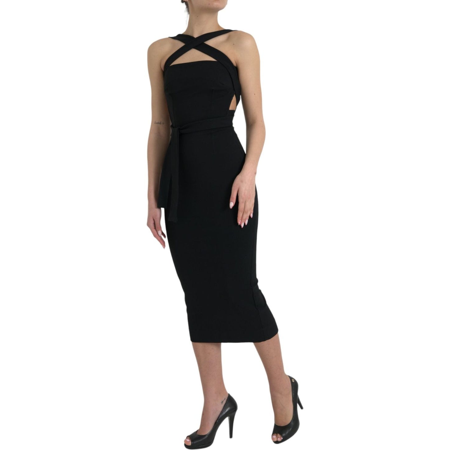 Elegant Black Sheath Halter Midi Dress