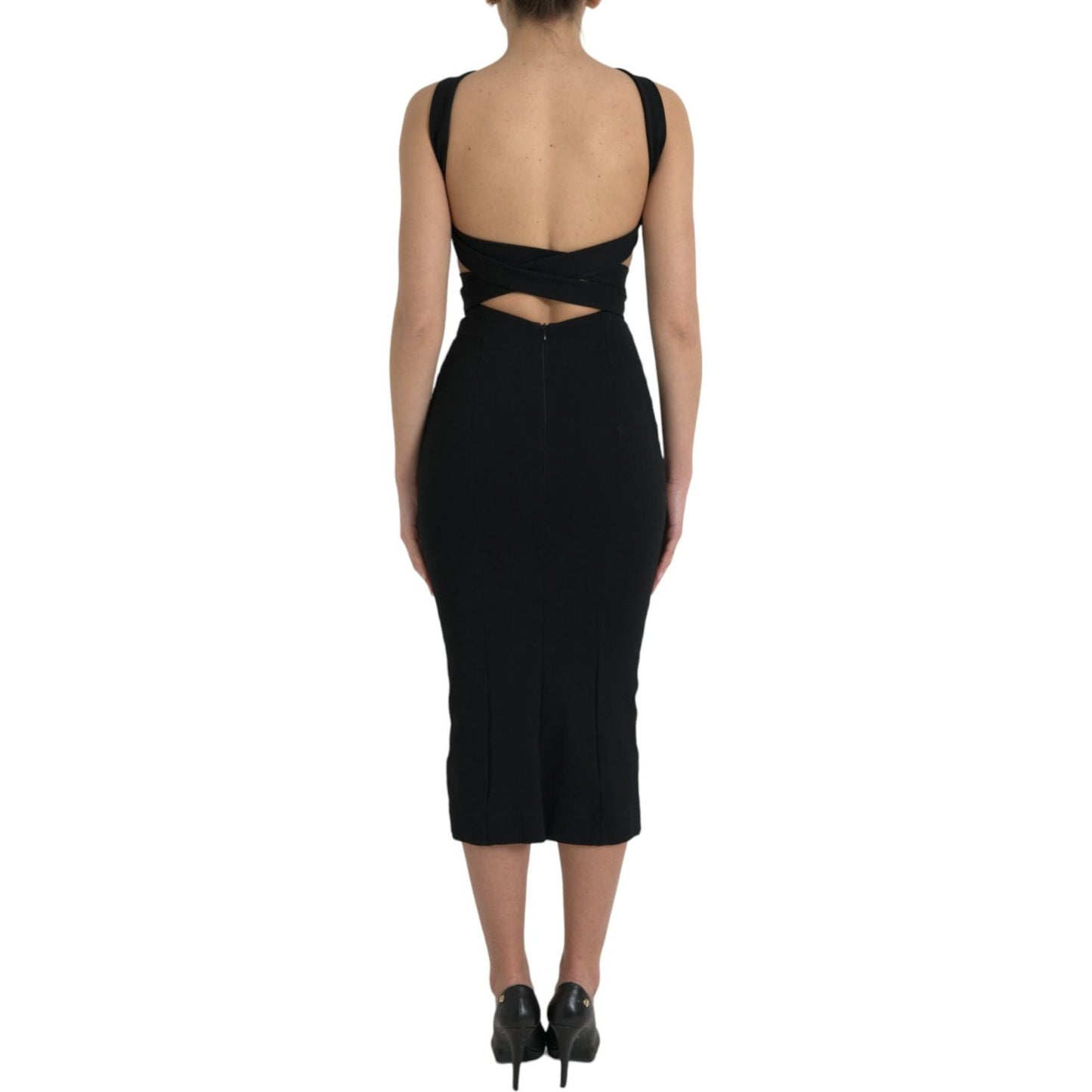 Elegant Black Sheath Halter Midi Dress